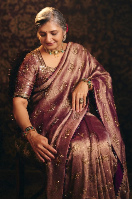 Aayushi Maniar_Purple Silk Fringe, Zari, Embroidery Padmini Banarasi Saree With Blouse _Online_at_Aza_Fashions