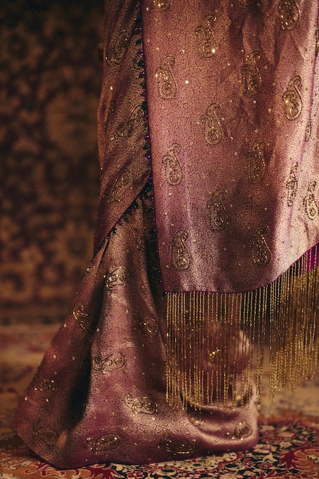 Buy_Aayushi Maniar_Purple Silk Fringe, Zari, Embroidery Padmini Banarasi Saree With Blouse _Online_at_Aza_Fashions