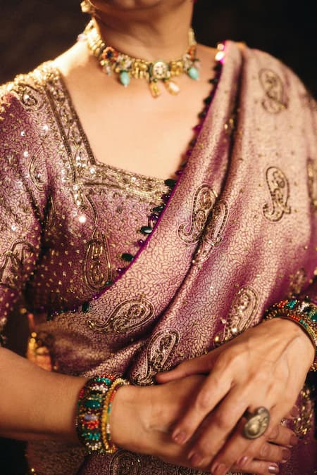 Shop_Aayushi Maniar_Purple Silk Fringe, Zari, Embroidery Padmini Banarasi Saree With Blouse _Online_at_Aza_Fashions