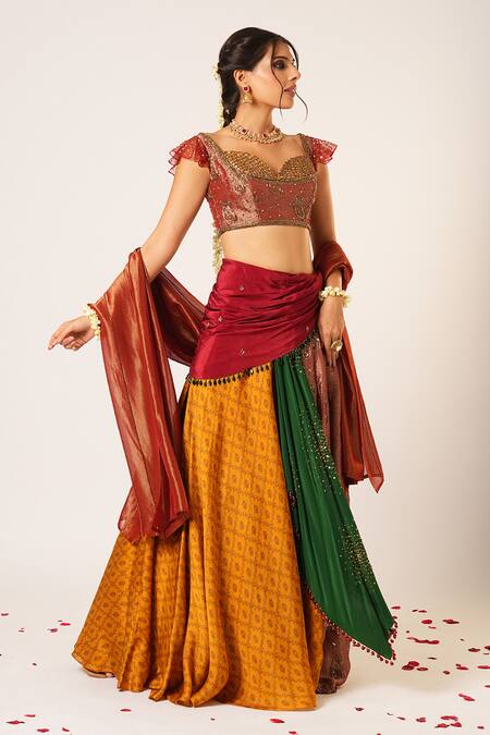 Buy Aayushi Maniar Multi Color Crepe, Organza, Silk Sequins, Panchali Patchwork Draped Lehenga Set Online at Aza Fashions Buy_Aayushi Maniar_Multi Color Crepe, Organza, Silk Sequins, Panchali Patchwork Draped Lehenga Set _Online_at_Aza_Fashions