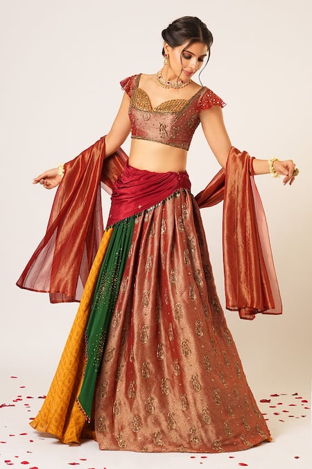 Shop Aayushi Maniar Multi Color Crepe, Organza, Silk Sequins, Panchali Patchwork Draped Lehenga Set Online at Aza Fashions Shop_Aayushi Maniar_Multi Color Crepe, Organza, Silk Sequins, Panchali Patchwork Draped Lehenga Set _Online_at_Aza_Fashions