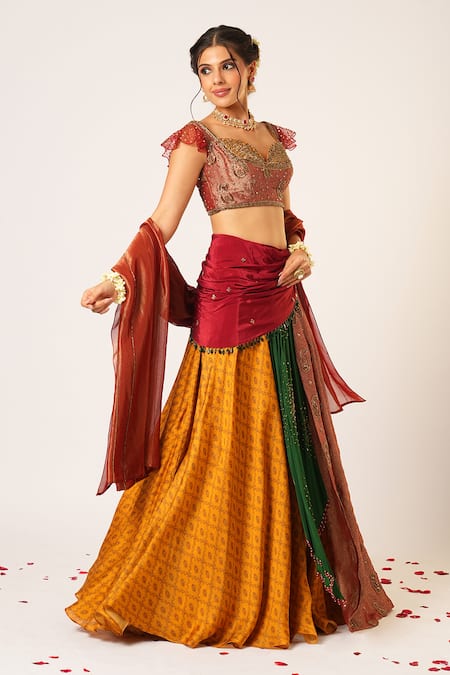 Aayushi Maniar Multi Color Crepe, Organza, Silk Sequins, Panchali Patchwork Draped Lehenga Set at Aza Fashions Aayushi Maniar_Multi Color Crepe, Organza, Silk Sequins, Panchali Patchwork Draped Lehenga Set _at_Aza_Fashions