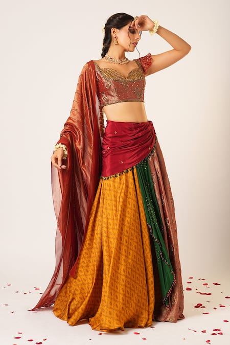 Buy Aayushi Maniar Multi Color Crepe, Organza, Silk Sequins, Panchali Patchwork Draped Lehenga Set Buy_Aayushi Maniar_Multi Color Crepe, Organza, Silk Sequins, Panchali Patchwork Draped Lehenga Set