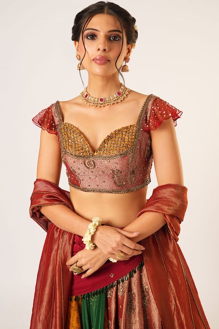 Shop Aayushi Maniar Multi Color Crepe, Organza, Silk Sequins, Panchali Patchwork Draped Lehenga Set Shop_Aayushi Maniar_Multi Color Crepe, Organza, Silk Sequins, Panchali Patchwork Draped Lehenga Set