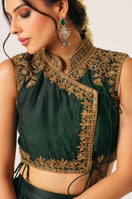 Buy_Aayushi Maniar_Green Silk Sequins, Embroidery Bandeau Neck Ragini Floral Blouse With Lehenga _Online_at_Aza_Fashions