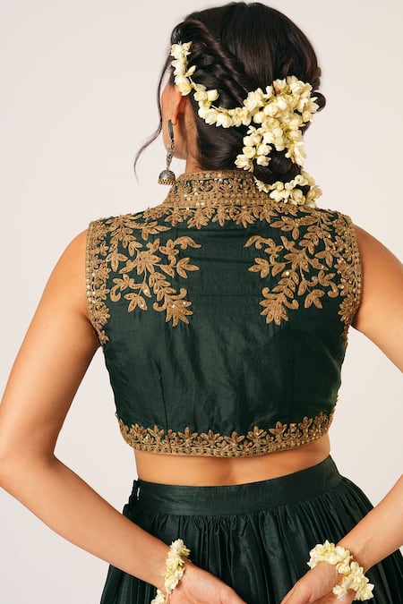 Shop_Aayushi Maniar_Green Silk Sequins, Embroidery Bandeau Neck Ragini Floral Blouse With Lehenga _Online_at_Aza_Fashions
