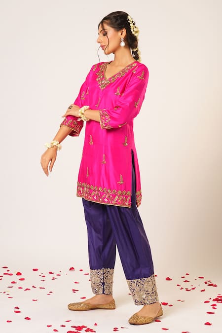 Shop_Aayushi Maniar_Pink Silk, Georgette Embroidery, Zari V-neck Revati Kurta And Pant Set _Online_at_Aza_Fashions
