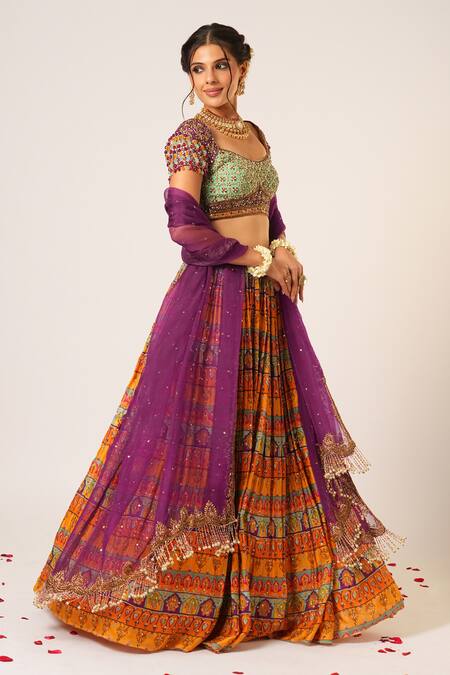 Buy_Aayushi Maniar_Multi Color Organza Sequins, Beads, Shakuntala Crystals Embroidered Lehenga Set _Online_at_Aza_Fashions