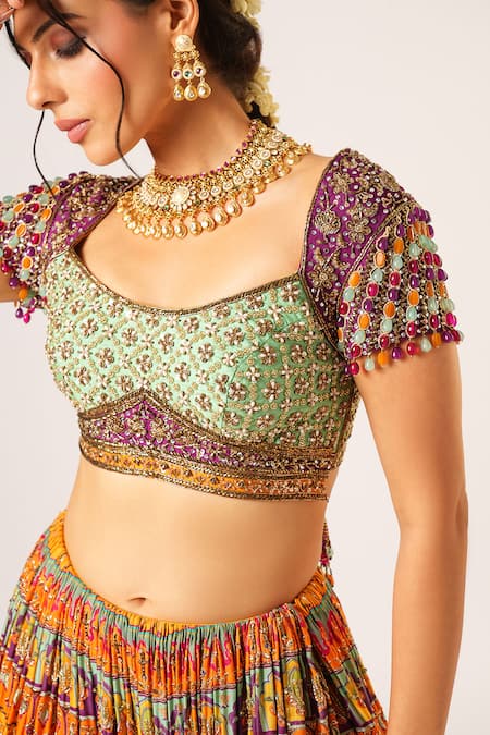 Aayushi Maniar_Multi Color Organza Sequins, Beads, Shakuntala Crystals Embroidered Lehenga Set _at_Aza_Fashions