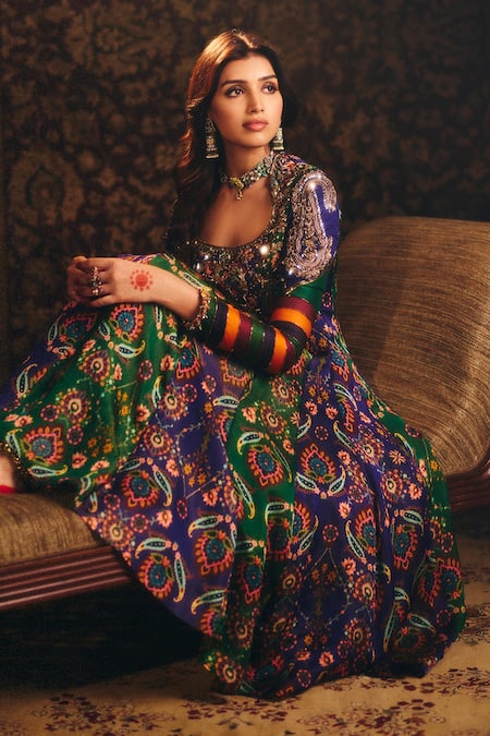 Buy_Aayushi Maniar_Blue Organza, Silk, Georgette Embroidery, Tara Kalidar Anarkali And Churidar Set _Online_at_Aza_Fashions