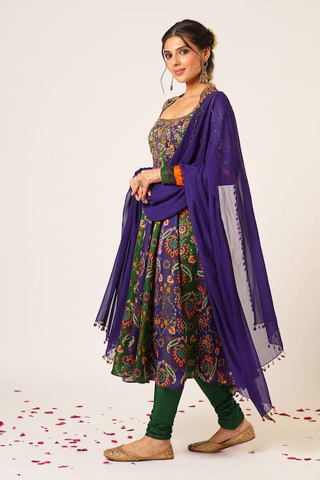 Shop_Aayushi Maniar_Blue Organza, Silk, Georgette Embroidery, Tara Kalidar Anarkali And Churidar Set 
