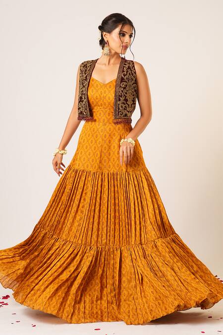 Buy_Aayushi Maniar_Yellow Velvet, Organza Tarini Floral Pattern Tiered Anarkali With Crop Jacket _Online_at_Aza_Fashions