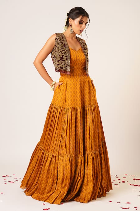 Shop_Aayushi Maniar_Yellow Velvet, Organza Tarini Floral Pattern Tiered Anarkali With Crop Jacket _Online_at_Aza_Fashions