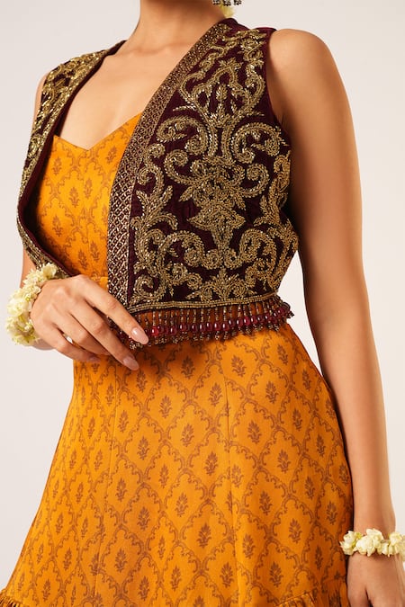 Aayushi Maniar_Yellow Velvet, Organza Tarini Floral Pattern Tiered Anarkali With Crop Jacket _at_Aza_Fashions