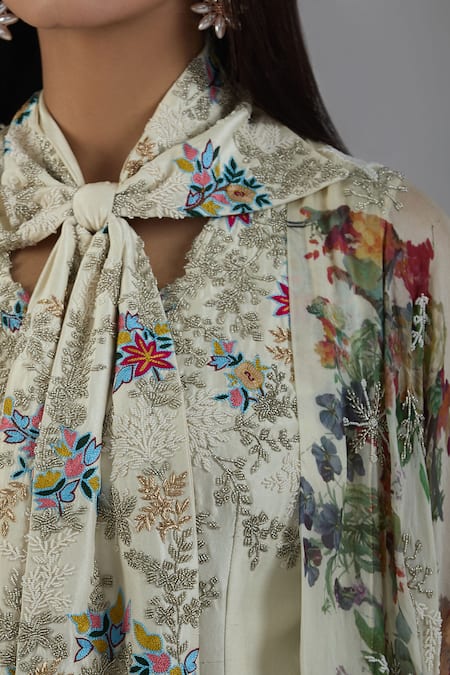 Buy Anamika Khanna Off White Cotton Embroidery, Beads, Cut Work V-neck Floral Print Cape And Pant Set Online at Aza Fashions Buy_Anamika Khanna_Off White Cotton Embroidery, Beads, Cut Work V-neck Floral Print Cape And Pant Set_Online_at_Aza_Fashions