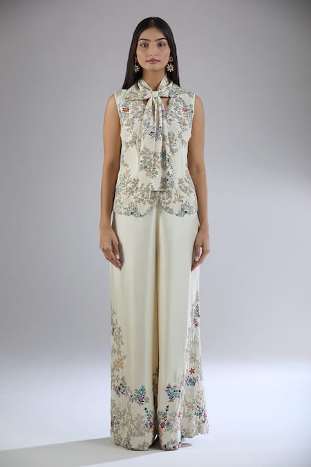 Shop Anamika Khanna Off White Cotton Embroidery, Beads, Cut Work V-neck Floral Print Cape And Pant Set Online at Aza Fashions Shop_Anamika Khanna_Off White Cotton Embroidery, Beads, Cut Work V-neck Floral Print Cape And Pant Set_Online_at_Aza_Fashions
