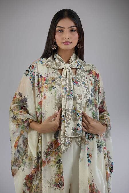 Buy Anamika Khanna Off White Cotton Embroidery, Beads, Cut Work V-neck Floral Print Cape And Pant Set Buy_Anamika Khanna_Off White Cotton Embroidery, Beads, Cut Work V-neck Floral Print Cape And Pant Set