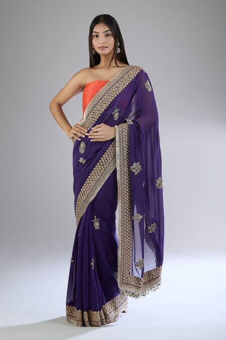 Anamika Khanna Purple Chanderi Gota Patti, Embroidery Floral Butti Saree Online at Aza Fashions Anamika Khanna_Purple Chanderi Gota Patti, Embroidery Floral Butti Saree_Online_at_Aza_Fashions
