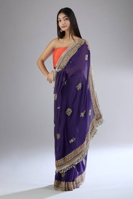 Shop Anamika Khanna Purple Chanderi Gota Patti, Embroidery Floral Butti Saree Online at Aza Fashions Shop_Anamika Khanna_Purple Chanderi Gota Patti, Embroidery Floral Butti Saree_Online_at_Aza_Fashions