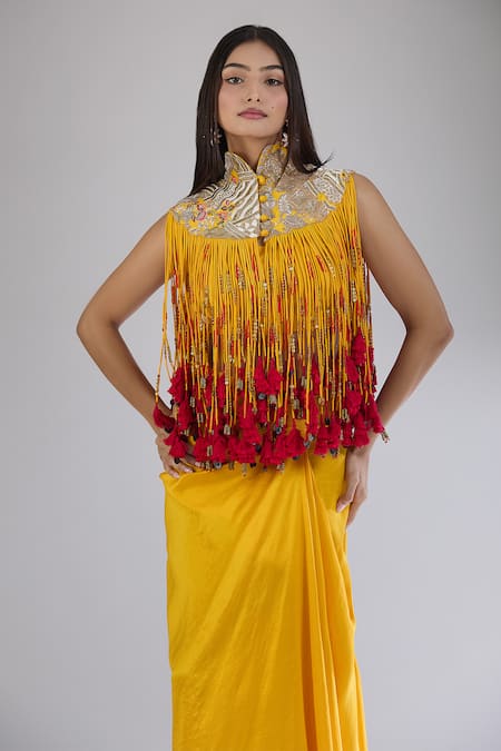Buy Anamika Khanna Yellow Silk, Cotton Fringe, Tassels, Beads, Zari High Tribal Jacket And Skirt Set Online at Aza Fashions Buy_Anamika Khanna_Yellow Silk, Cotton Fringe, Tassels, Beads, Zari High Tribal Jacket And Skirt Set _Online_at_Aza_Fashions