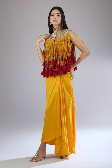 Shop Anamika Khanna Yellow Silk, Cotton Fringe, Tassels, Beads, Zari High Tribal Jacket And Skirt Set Online at Aza Fashions Shop_Anamika Khanna_Yellow Silk, Cotton Fringe, Tassels, Beads, Zari High Tribal Jacket And Skirt Set _Online_at_Aza_Fashions