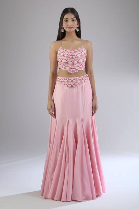 Punit Balana_Pink Chiffon Embroidery Scoop Neck Pleated Fish Cut Lehenga Set _Online_at_Aza_Fashions