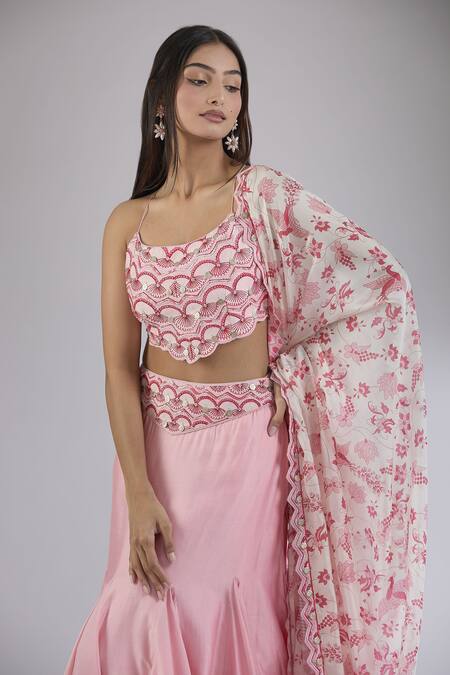Buy_Punit Balana_Pink Chiffon Embroidery Scoop Neck Pleated Fish Cut Lehenga Set _Online_at_Aza_Fashions