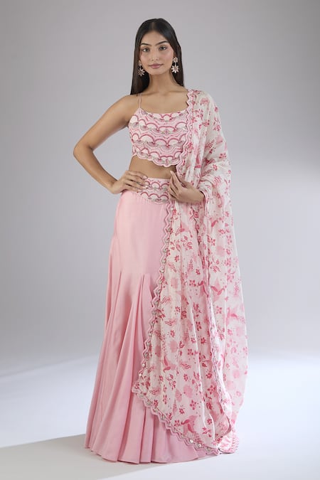 Shop_Punit Balana_Pink Chiffon Embroidery Scoop Neck Pleated Fish Cut Lehenga Set _Online_at_Aza_Fashions