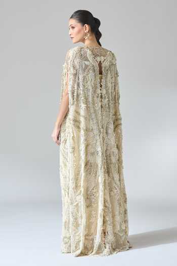 Anamika Khanna_White Silk Beads, Sequins, Embroidery, Zari Open Neck Zardozi Cape Skirt Set _Online_at_Aza_Fashions