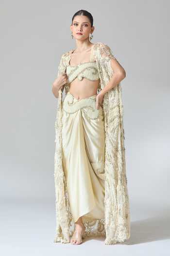 Buy_Anamika Khanna_White Silk Beads, Sequins, Embroidery, Zari Open Neck Zardozi Cape Skirt Set _Online_at_Aza_Fashions