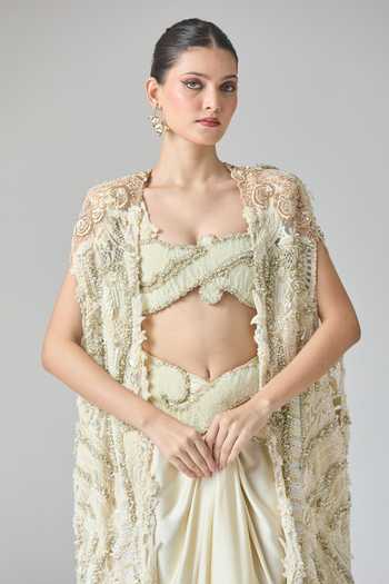 Shop_Anamika Khanna_White Silk Beads, Sequins, Embroidery, Zari Open Neck Zardozi Cape Skirt Set _Online_at_Aza_Fashions