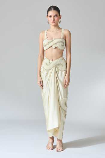 Anamika Khanna_White Silk Beads, Sequins, Embroidery, Zari Open Neck Zardozi Cape Skirt Set _at_Aza_Fashions