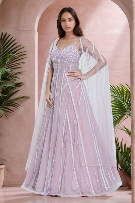 Samyukta Singhania Purple Net Embroidery Sequin Sweetheart Neck Scallop Swerve Bead Gown 