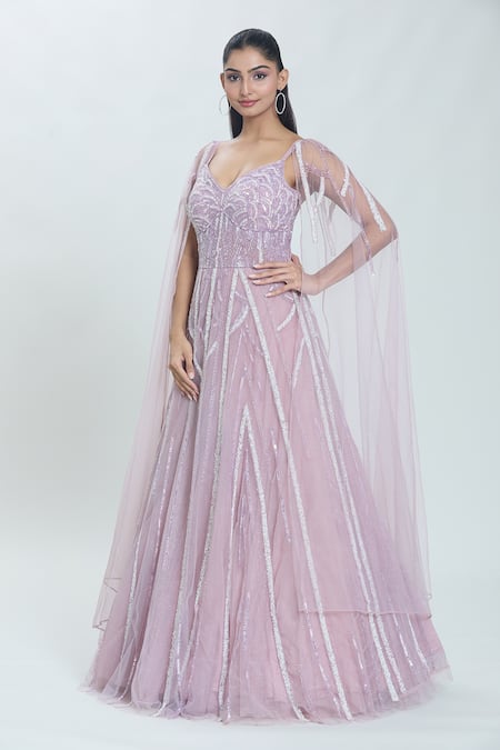 Buy Samyukta Singhania Purple Net Sequins, Beads Sweetheart Neck Scallop Swerve Embroidered Gown Buy_Samyukta Singhania_Purple Net Sequins, Beads Sweetheart Neck Scallop Swerve Embroidered Gown