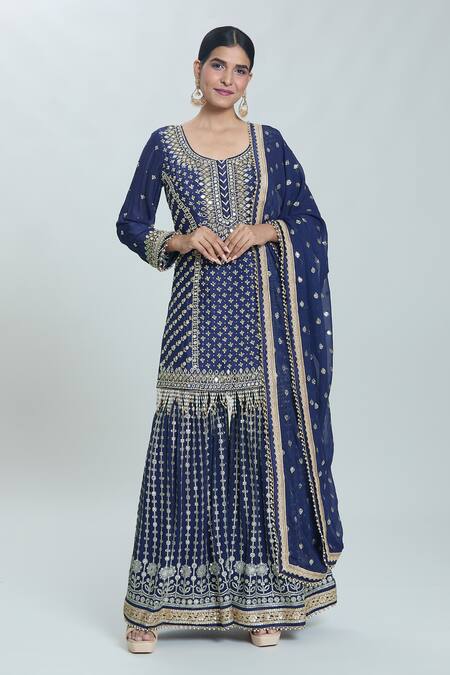 Buy_Samyukta Singhania_Blue Georgette Embroidery, Pearls, Sequins Round Straight Kurta Sharara Set _Online_at_Aza_Fashions