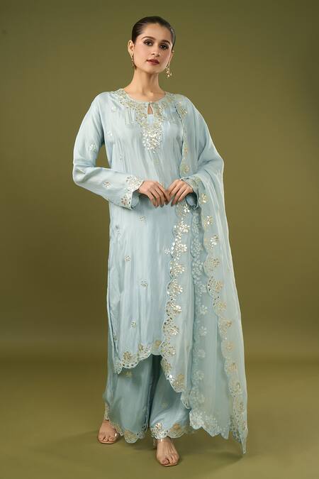 Buy_Samyukta Singhania_Blue , Satin Embroidery, Gota Embellished Floral Kurta Palazzo Set