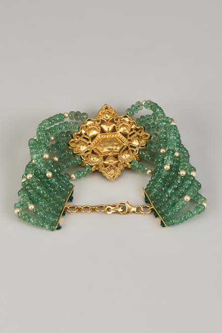 Karisa Designs_Green Beads, Crystals Flora Moissanite Polki Embellished Bracelet _Online_at_Aza_Fashions