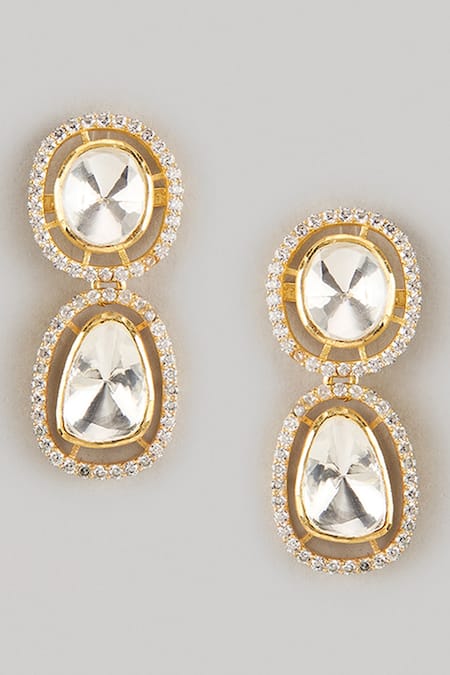 Shop Karisa Designs White Crystals, Diamonds Moissanite Polki Embellished Drop Earrings at Aza Fashions Shop_Karisa Designs_White Crystals, Diamonds Moissanite Polki Embellished Drop Earrings _at_Aza_Fashions