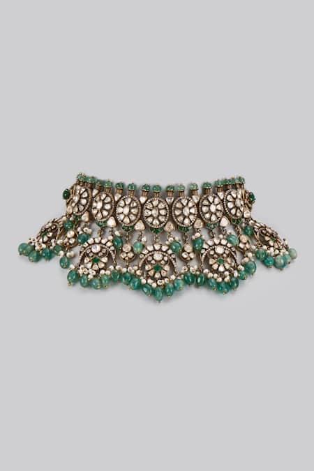 Shop Karisa Designs Green Bahar Moissanite Polki Embellished Choker at Aza Fashions Shop_Karisa Designs_Green Bahar Moissanite Polki Embellished Choker _at_Aza_Fashions