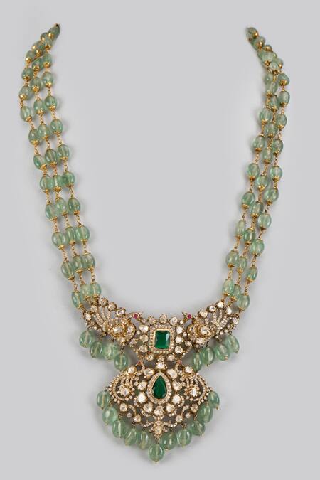 Shop Karisa Designs Green Mughal Bagh Moissanite Polki Embellished Necklace at Aza Fashions Shop_Karisa Designs_Green Mughal Bagh Moissanite Polki Embellished Necklace _at_Aza_Fashions