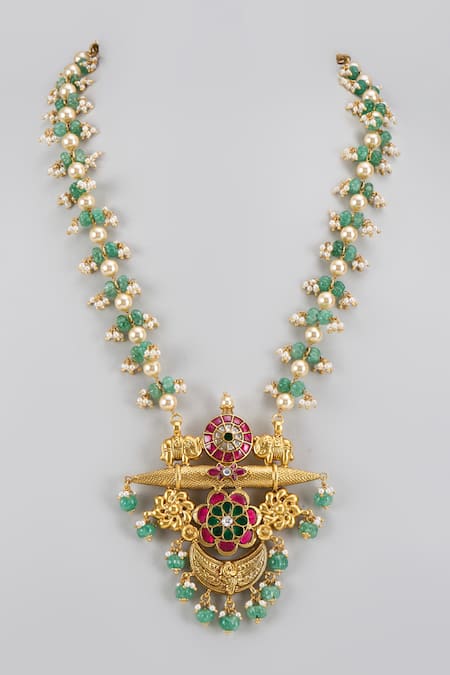 Shop Karisa Designs Gold Plated Half Crescent Shaped Pendant Necklace at Aza Fashions Shop_Karisa Designs_Gold Plated Half Crescent Shaped Pendant Necklace _at_Aza_Fashions