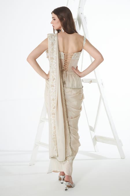 Sunita Nagi Floral Embroidered Hem Dhoti Skirt Saree With Corset 