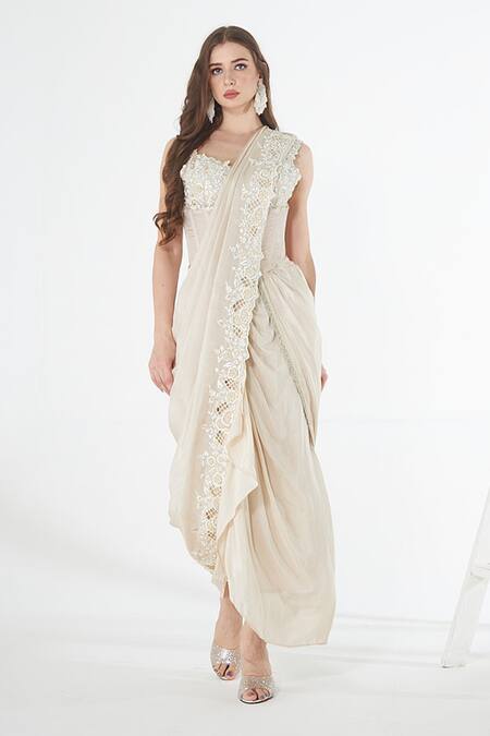 Buy_Sunita Nagi_White Crepe Embroidery Sweetheart Neck Floral Hem Dhoti Skirt Saree With Corset _Online_at_Aza_Fashions