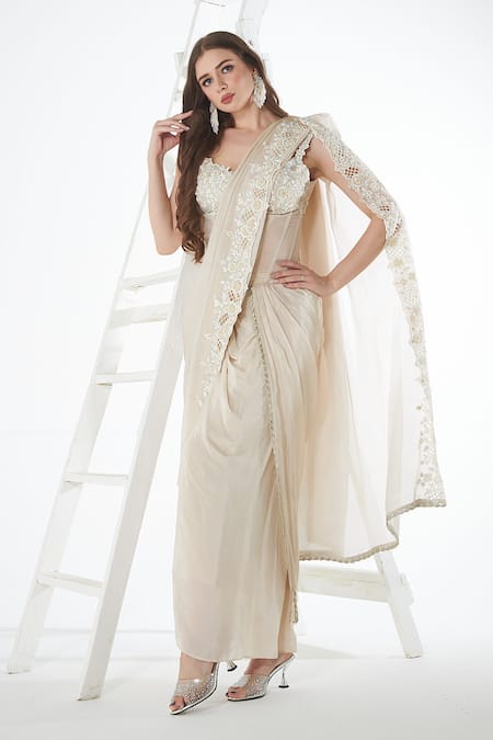 Shop_Sunita Nagi_White Crepe Embroidery Sweetheart Neck Floral Hem Dhoti Skirt Saree With Corset _Online_at_Aza_Fashions