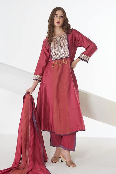 Shop_Sunita Nagi_Pink Chanderi, Crepe Tassels Round Neck Embroidered A-line Kurta Set _at_Aza_Fashions