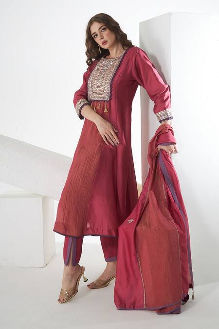 Sunita Nagi_Pink Chanderi, Crepe Tassels Round Neck Embroidered A-line Kurta Set _Online_at_Aza_Fashions