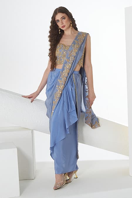 Sunita Nagi Blue Crepe Embroidery Sweetheart Neck Floral Hem Dhoti Skirt Saree With Blouse Online at Aza Fashions Sunita Nagi_Blue Crepe Embroidery Sweetheart Neck Floral Hem Dhoti Skirt Saree With Blouse _Online_at_Aza_Fashions