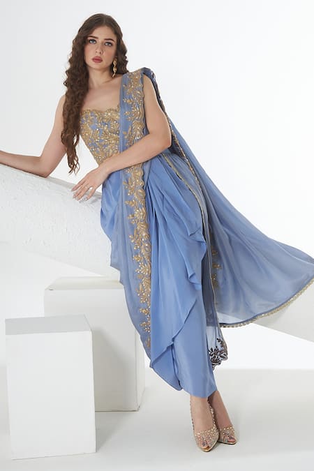 Buy Sunita Nagi Blue Crepe Embroidery Sweetheart Neck Floral Hem Dhoti Skirt Saree With Blouse Online at Aza Fashions Buy_Sunita Nagi_Blue Crepe Embroidery Sweetheart Neck Floral Hem Dhoti Skirt Saree With Blouse _Online_at_Aza_Fashions