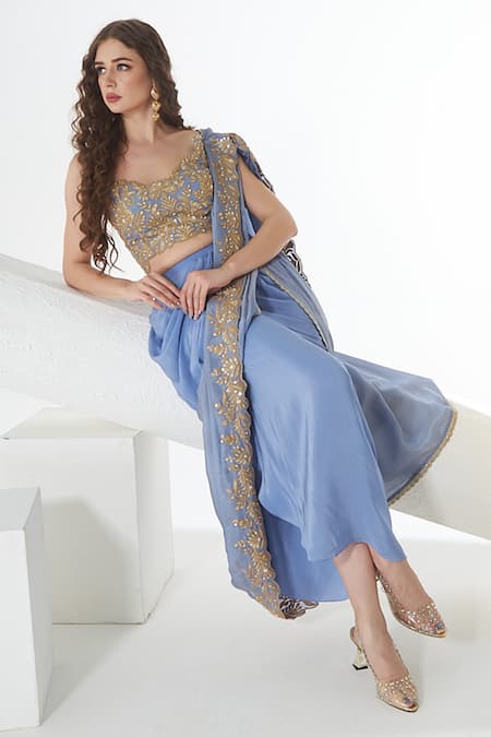Shop Sunita Nagi Blue Crepe Embroidery Sweetheart Neck Floral Hem Dhoti Skirt Saree With Blouse Online at Aza Fashions Shop_Sunita Nagi_Blue Crepe Embroidery Sweetheart Neck Floral Hem Dhoti Skirt Saree With Blouse _Online_at_Aza_Fashions