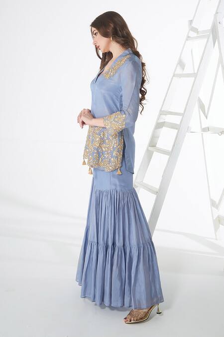 Sunita Nagi_Blue Viscose, Organza Tassels, Embroidery V-neck Floral Veli Kurta Sharara Set _Online_at_Aza_Fashions